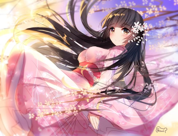 Anime picture 2465x1889 with original bison cangshu single long hair looking at viewer blush fringe highres black hair smile brown eyes signed payot outdoors blunt bangs traditional clothes japanese clothes hair flower wind sunlight