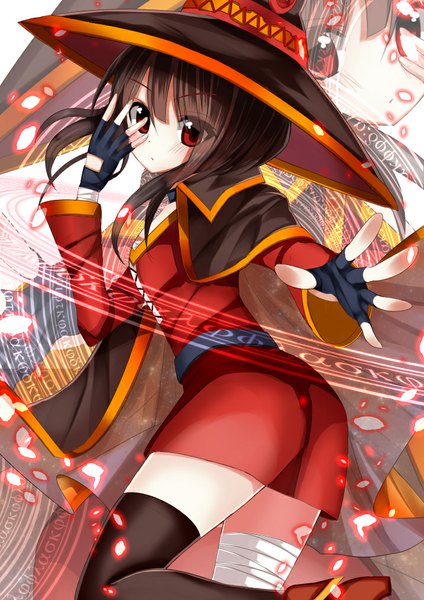 Anime picture 716x1012 with kono subarashii sekai ni shukufuku wo! studio deen megumin nekoboshi sakko single long hair tall image looking at viewer black hair red eyes witch girl thighhighs dress gloves black thighhighs hat petals fingerless gloves bandage (bandages)