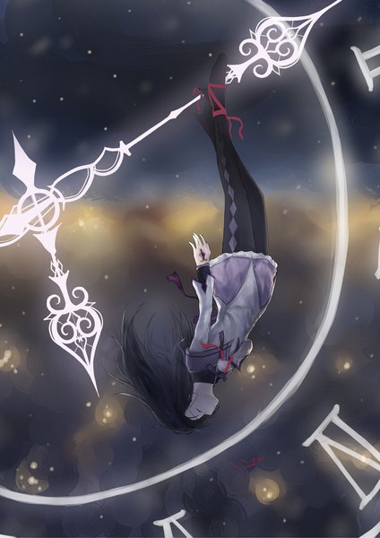 Anime picture 1680x2376 with mahou shoujo madoka magica shaft (studio) akemi homura shina (artist) single long hair tall image fringe black hair eyes closed profile blurry high heels lens flare pale skin glow magical girl falling time girl