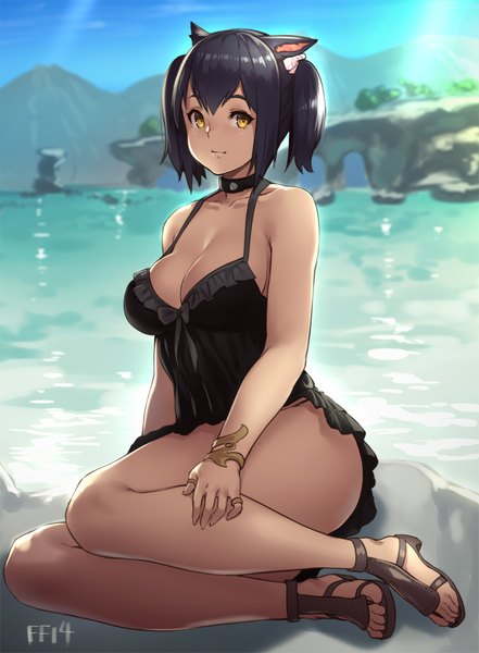 Anime picture 735x1000 with final fantasy final fantasy xiv square enix houtengeki single tall image looking at viewer short hair breasts light erotic black hair twintails animal ears yellow eyes girl nightie
