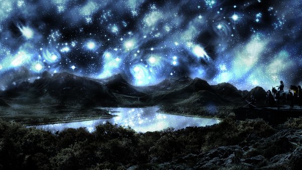Anime picture 1600x900 with original tagme (artist) wide image night night sky reflection mountain scenic space river nature lake weapon animal tree (trees) bird (birds) star (stars) forest bow (weapon) people
