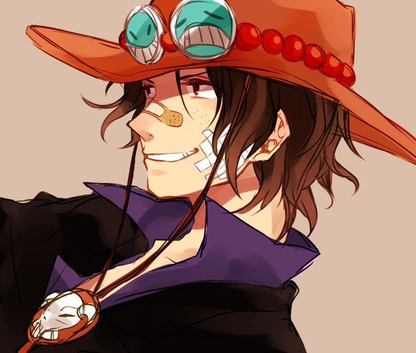 Anime picture 904x768 with one piece toei animation portgas d. ace mako1124 single short hair simple background smile red eyes brown hair looking away brown background freckles bandaid on face bandaid on nose boy hat bandaid