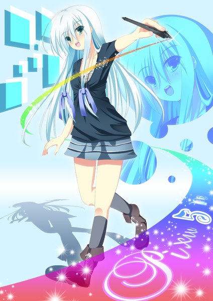 Anime picture 1000x1414 with original pixiv-tan akine (kuroyuri) single long hair tall image blush open mouth blue eyes white hair girl dress socks boots black socks pen