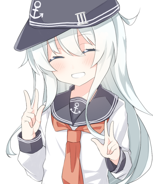 Anime picture 800x960 with kantai collection hibiki destroyer rateratte single long hair tall image blush fringe simple background smile hair between eyes white background upper body white hair eyes closed victory ^ ^ girl uniform hat