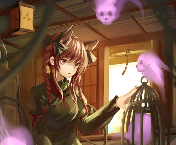 Anime picture 1214x1000 with touhou kaenbyou rin eredhen single long hair fringe red eyes animal ears looking away red hair indoors tail braid (braids) nail polish animal tail cat ears cat girl cat tail twin braids multiple tails