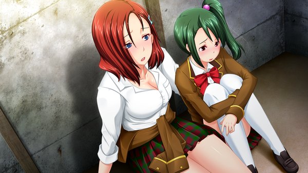 Anime picture 1280x720 with jutaijima long hair blush blue eyes light erotic red eyes wide image multiple girls game cg ponytail red hair green hair side ponytail girl thighhighs uniform 2 girls school uniform shirt white thighhighs