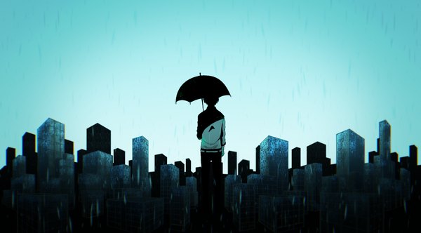 Anime picture 1278x709 with natsu-san single short hair wide image standing from behind rain boy umbrella cemetery