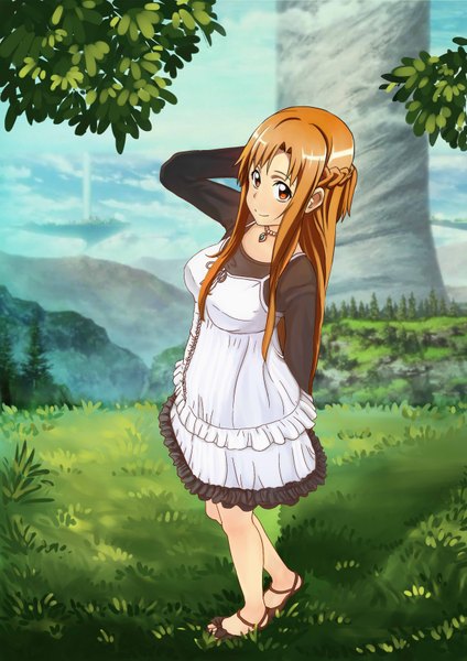 Anime picture 2480x3508 with sword art online a-1 pictures yuuki asuna atlasmaximus single long hair tall image looking at viewer blush fringe highres breasts brown hair large breasts standing brown eyes payot sky cloud (clouds) bent knee (knees)