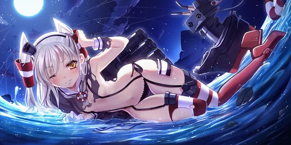 Anime picture 1300x650 with kantai collection amatsukaze destroyer rensouhou-kun philomelalilium single long hair blush light erotic wide image yellow eyes white hair one eye closed wink night two side up underwear only @ @ girl thighhighs gloves