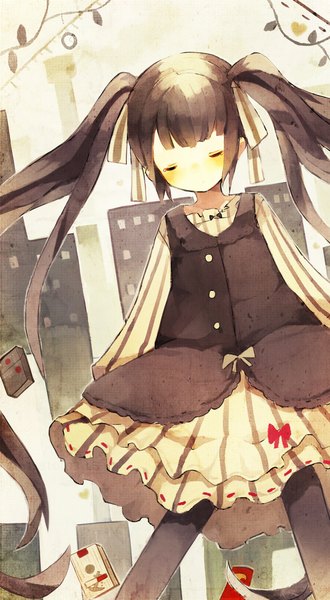 Anime picture 1280x2325 with vocaloid hatsune miku nekotewi single long hair tall image brown hair twintails eyes closed tears striped girl dress bow hair bow pantyhose