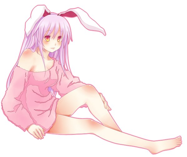 Anime picture 1299x1092 with touhou reisen udongein inaba monchi (kashiwa2519) long hair blush simple background red eyes white background purple hair barefoot bunny ears bunny girl girl sweater