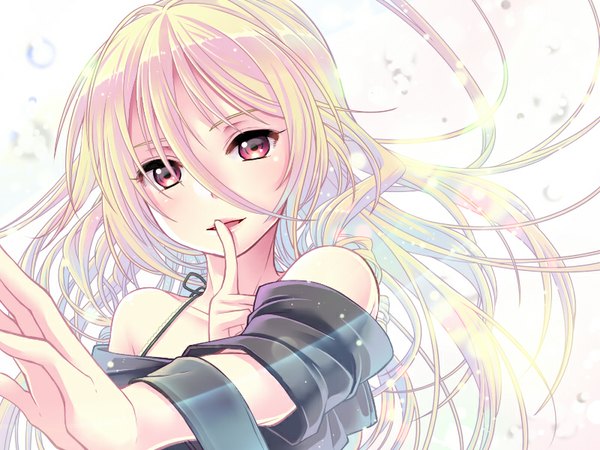 Anime picture 800x600 with vocaloid ia (vocaloid) yami (m31) single long hair looking at viewer open mouth simple background smile red eyes white background white hair outstretched arm finger to mouth girl bubble (bubbles)