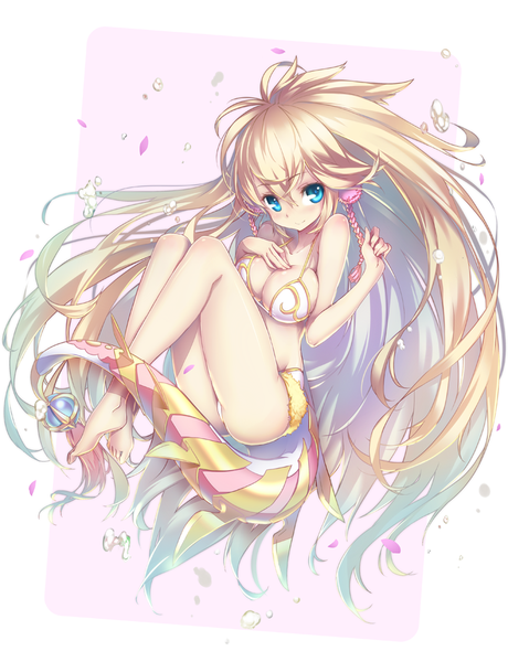Anime picture 768x1000 with puzzle & dragons sakuya (p&d) hong (white spider) single tall image looking at viewer blush fringe breasts blue eyes light erotic blonde hair simple background large breasts bent knee (knees) very long hair light smile legs hand on chest girl