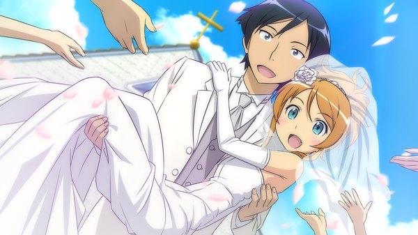 Anime picture 1280x720 with ore no imouto ga konna ni kawaii wake ga nai kousaka kirino kousaka kyousuke blush short hair open mouth blue eyes black hair blonde hair wide image game cg black eyes couple alternate hairstyle hair up carrying wedding princess carry girl dress