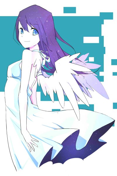 Anime picture 800x1200 with original eliz single long hair tall image looking at viewer blue eyes smile bare shoulders purple hair girl dress wings white dress