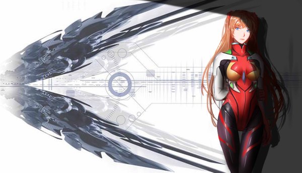 Anime picture 6134x3508 with neon genesis evangelion gainax shikinami asuka langley g q single long hair looking at viewer fringe highres breasts blue eyes simple background brown hair wide image standing twintails absurdres lips shadow alternate costume