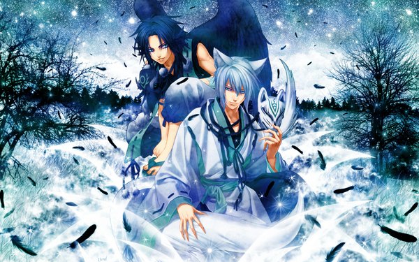 Anime picture 1920x1200 with hiiro no kakera yuuichi komura mahiro atori yone kazuki looking at viewer highres short hair open mouth wide image sitting animal ears blue hair silver hair japanese clothes aqua eyes fingernails light smile multiple boys night sky fox ears