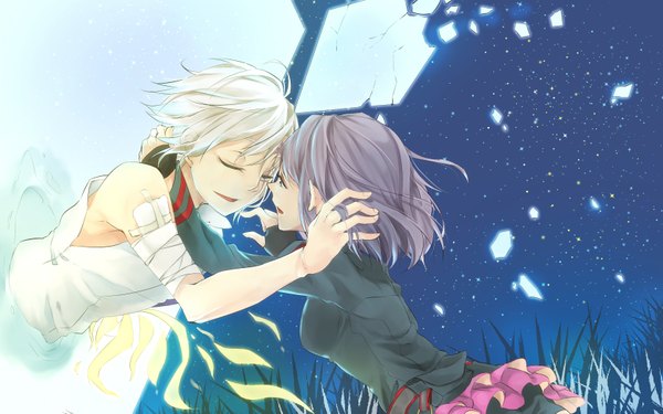 Anime picture 1680x1050 with d.gray-man allen walker lenalee lee akatsuki koya short hair open mouth smile wide image blue hair sky silver hair purple hair white hair eyes closed profile light smile from behind night sky sleeveless couple