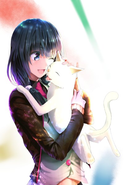 Anime picture 1634x2307 with shirobako p.a. works yasuhara ema ts422 single long hair tall image fringe open mouth black hair smile twintails eyes closed one eye closed aqua eyes sunlight teeth fang (fangs) hug sunbeam