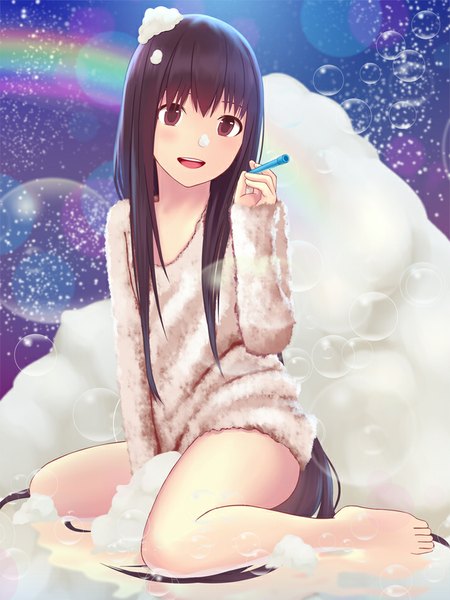 Anime picture 714x952 with original kurei mamoru single long hair tall image blush fringe open mouth brown hair sitting brown eyes bent knee (knees) barefoot bare legs no shoes kneeling happy girl sweater bubble (bubbles)