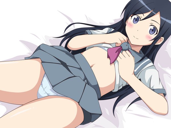 Anime picture 1600x1200 with ore no imouto ga konna ni kawaii wake ga nai aragaki ayase kakura yoshiki (artist) long hair blush light erotic black hair smile purple eyes lying midriff girl uniform underwear panties school uniform serafuku necktie