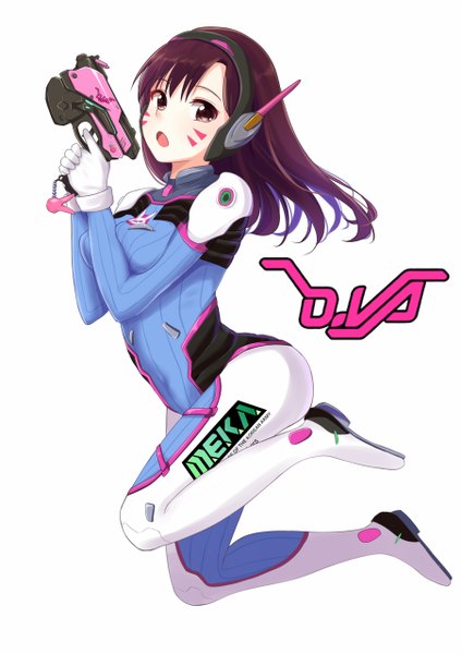 Anime picture 904x1280 with overwatch blizzard entertainment d.va (overwatch) itachi kanade single long hair tall image looking at viewer fringe open mouth simple background brown hair white background holding brown eyes full body bent knee (knees) character names facial mark jumping