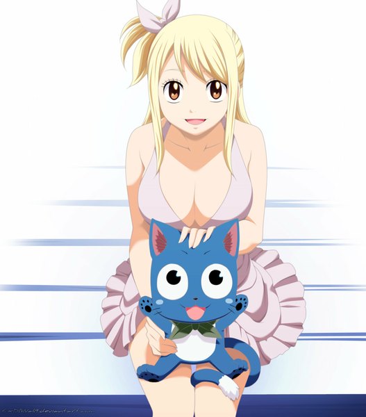 Anime picture 1024x1164 with fairy tail lucy heartfilia happy (fairy tail) exdniva09 long hair tall image fringe open mouth light erotic blonde hair smile white background brown eyes ponytail black eyes coloring side ponytail girl dress bow