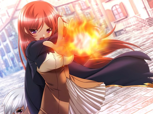 Anime picture 1024x768 with revolving summoner (game) long hair open mouth game cg white hair red hair pink eyes magic girl cloak fire fireball