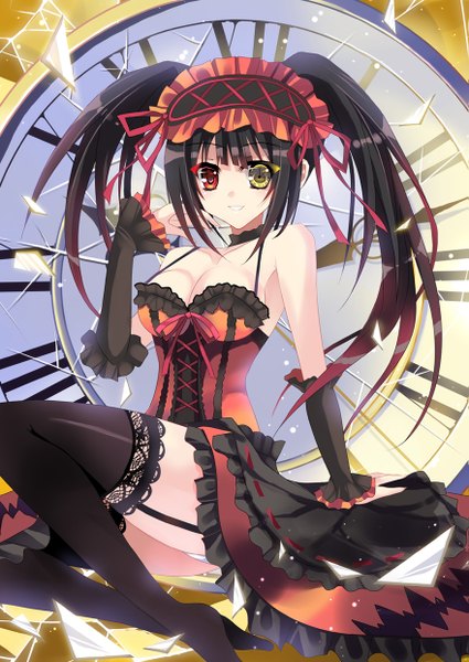 Anime picture 879x1240 with date a live tokisaki kurumi single long hair tall image black hair smile twintails bare shoulders heterochromia girl thighhighs dress black thighhighs detached sleeves frills headdress