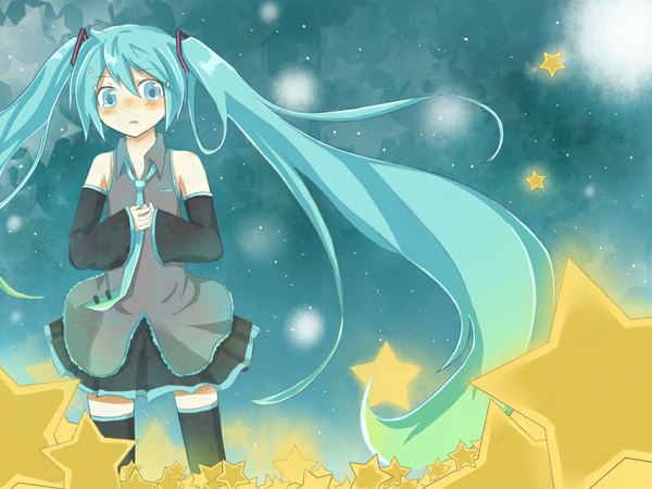 Anime picture 1024x768 with vocaloid hatsune miku kahimochi single looking at viewer blush fringe hair between eyes standing twintails very long hair aqua eyes aqua hair girl thighhighs black thighhighs detached sleeves necktie star (symbol)