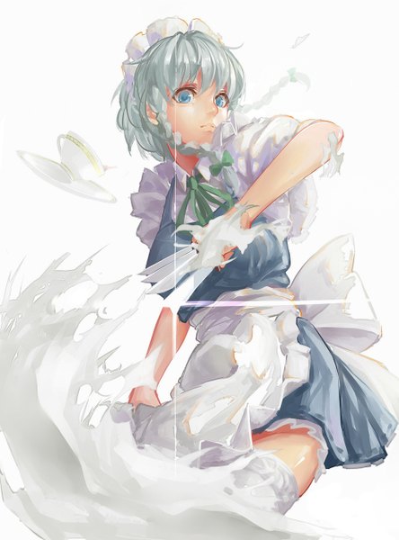 Anime picture 980x1324 with touhou izayoi sakuya yunsang single long hair tall image looking at viewer blue eyes simple background white background silver hair braid (braids) maid twin braids girl thighhighs bow ribbon (ribbons) weapon white thighhighs