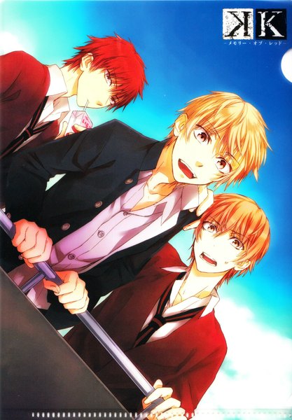 Anime picture 1598x2297 with k-project gohands (studio) mikoto suoh kusanagi izumo totsuka tatara tall image looking at viewer short hair open mouth blonde hair brown hair brown eyes looking away sky red hair scan inscription multiple boys drinking boy