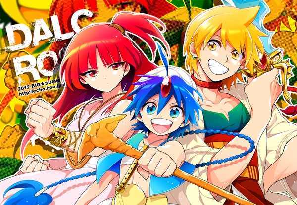 Anime picture 1500x1039 with magi the labyrinth of magic a-1 pictures morgiana aladdin (magi) ali baba saluja dalc rose looking at viewer short hair open mouth blue eyes blonde hair smile red eyes bare shoulders yellow eyes blue hair ahoge red hair very long hair one side up