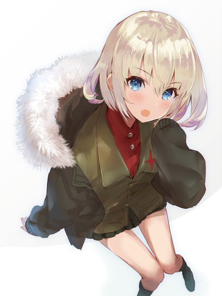 Anime picture 750x1000 with girls und panzer katyusha (girls und panzer) hitaki yuu single tall image looking at viewer blush fringe short hair open mouth blue eyes simple background blonde hair hair between eyes white background sitting bent knee (knees) long sleeves pleated skirt from above