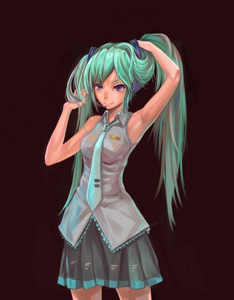 Anime picture 3507x4504 with vocaloid hatsune miku xiamianliele (artist) single long hair tall image highres simple background smile purple eyes twintails bare shoulders absurdres aqua hair armpit (armpits) girl skirt necktie