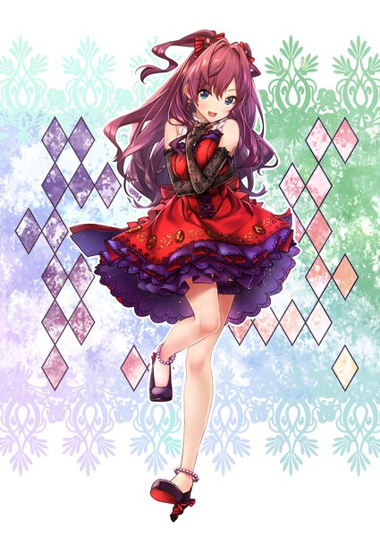 Anime picture 2507x3541 with idolmaster idolmaster cinderella girls ichinose shiki baffu single long hair tall image fringe highres open mouth blue eyes hair between eyes standing bare shoulders purple hair full body two side up standing on one leg rhombus invitation dive