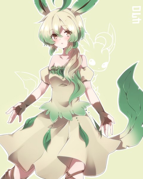 Anime picture 1200x1500 with pokemon moemon nintendo leafeon takeshima eku single long hair tall image looking at viewer blush simple background bare shoulders brown eyes animal ears tail animal tail multicolored hair green hair two-tone hair gen 4 pokemon