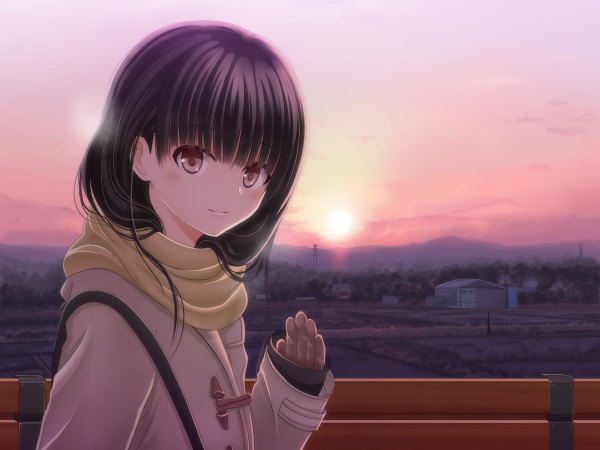 Anime picture 1200x900 with amagami ayatsuji tsukasa hosi-gaki single long hair looking at viewer blush black hair brown eyes evening sunset girl scarf