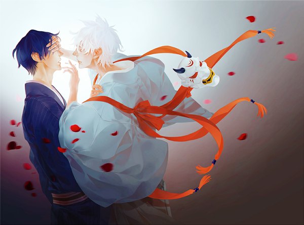 Anime picture 1134x842 with gintama sunrise (studio) sakata gintoki hijikata toshiro aimee (pixiv1129113) short hair open mouth simple background red eyes blue hair white hair traditional clothes japanese clothes multiple boys face to face hand on face hand on another's shoulder covering eye (eyes) boy ribbon (ribbons)