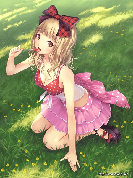 Anime picture 600x800 with ilog ichinomiya ichigo mana kakkowarai single long hair tall image blush light erotic blonde hair brown eyes kneeling girl skirt flower (flowers) bow plant (plants) hair bow food lingerie bra