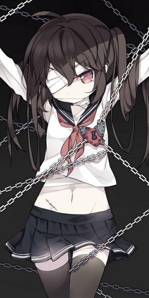 Anime picture 500x1000 with original saru (longbb) single long hair tall image looking at viewer fringe black hair simple background red eyes ahoge pleated skirt arms up bare belly shadow loli zettai ryouiki groin side ponytail black background
