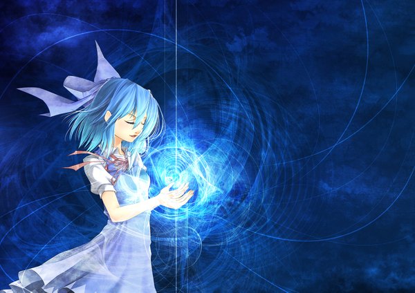 Anime picture 1600x1133 with touhou cirno tomokatsu (artist) short hair blue hair eyes closed blue background girl bow ribbon (ribbons) hair bow