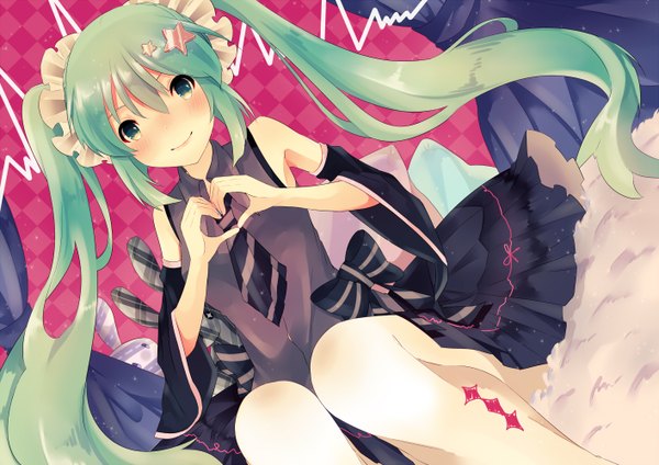 Anime picture 1414x1000 with vocaloid hatsune miku nabisuke single long hair looking at viewer blush smile sitting twintails bare shoulders green eyes green hair knees touching heart hands girl skirt hair ornament bow detached sleeves