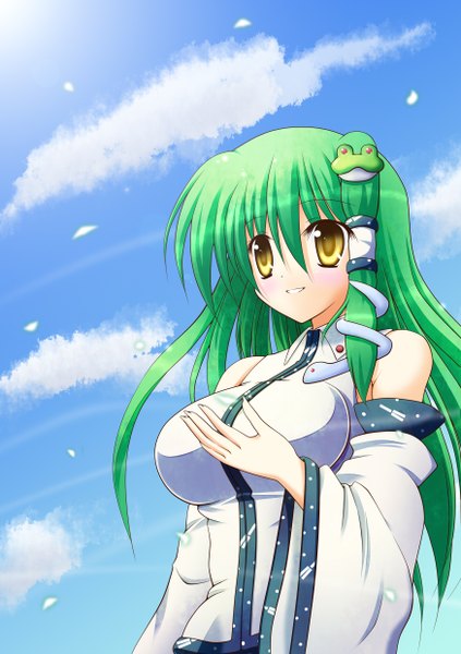 Anime picture 1748x2480 with touhou kochiya sanae osashin (osada) single long hair tall image highres bare shoulders yellow eyes green hair girl detached sleeves animal petals hair tubes snake