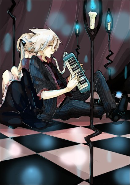 Anime picture 738x1045 with soul eater studio bones maka albarn soul eater evans tagme (artist) long hair tall image fringe short hair blonde hair red eyes sitting twintails bent knee (knees) white hair pink eyes couple crossed legs striped checkered floor