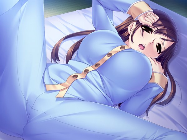 Anime picture 1024x768 with motto nee, chanto shiyou yo! afterstory ichijou fuuko long hair breasts open mouth light erotic brown hair large breasts brown eyes game cg girl pajamas
