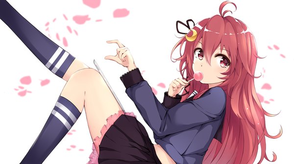 Anime picture 1200x670 with kantai collection uzuki destroyer colis (regunm772) single long hair looking at viewer blush light erotic simple background hair between eyes red eyes wide image white background ahoge leg lift (legs lift) girl uniform hair ornament ribbon (ribbons) hair ribbon