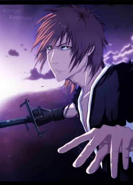 Anime picture 728x1012 with bleach studio pierrot kurosaki ichigo minatosama207 single tall image short hair brown hair sky cloud (clouds) traditional clothes japanese clothes pink eyes sunlight inscription coloring boy gloves weapon sword