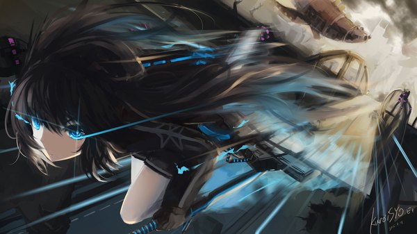 Anime picture 2147x1208 with black rock shooter black rock shooter (character) asahi kuroi single long hair fringe highres blue eyes black hair wide image twintails signed looking away glowing dated glowing eye (eyes) running girl weapon sword