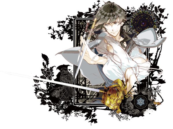 Anime picture 1366x1020 with haitaka no psychedelica lavan (haitaka no psychedelica) yuiga satoru single fringe blue eyes black hair simple background smile white background looking away crossed arms pale skin triple wielding boy weapon sword epee